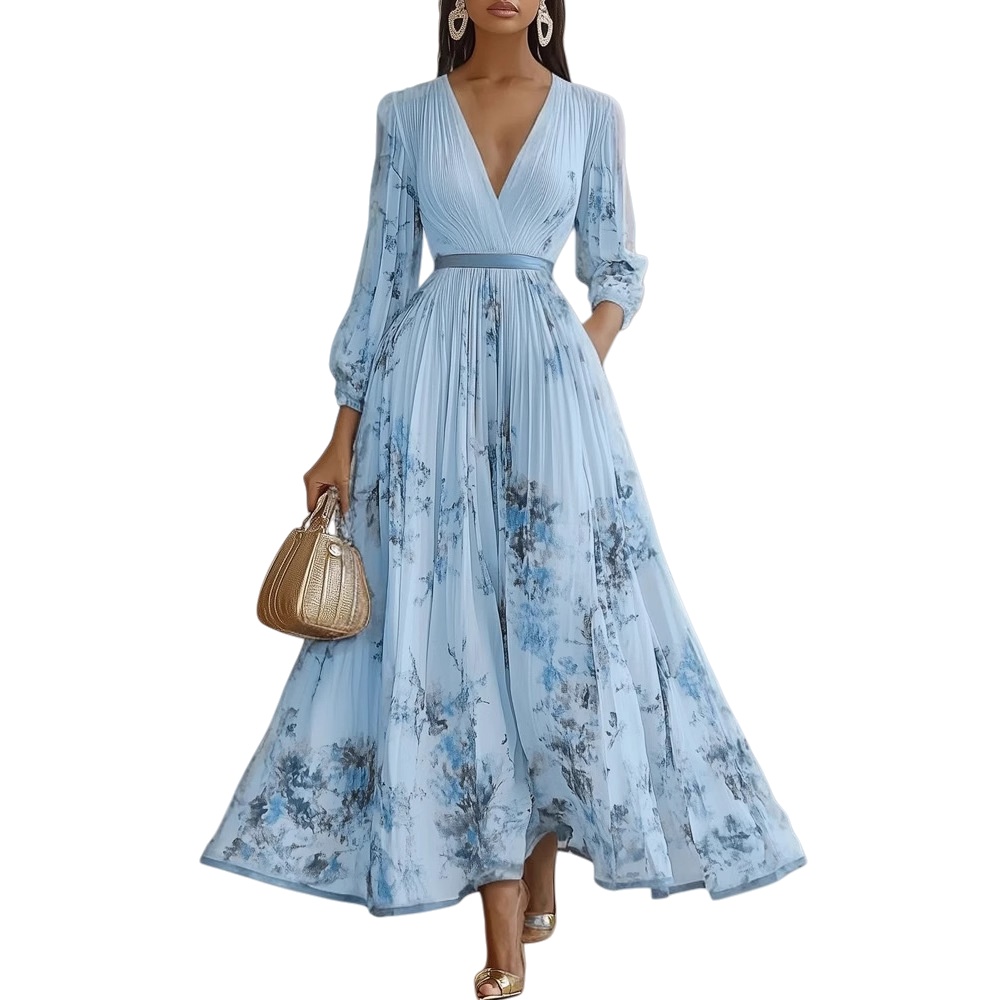 Elegant Floral Maxi Dress Women Long Sleeve Boho A-Line Pleated Dresses